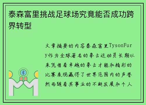 泰森富里挑战足球场究竟能否成功跨界转型